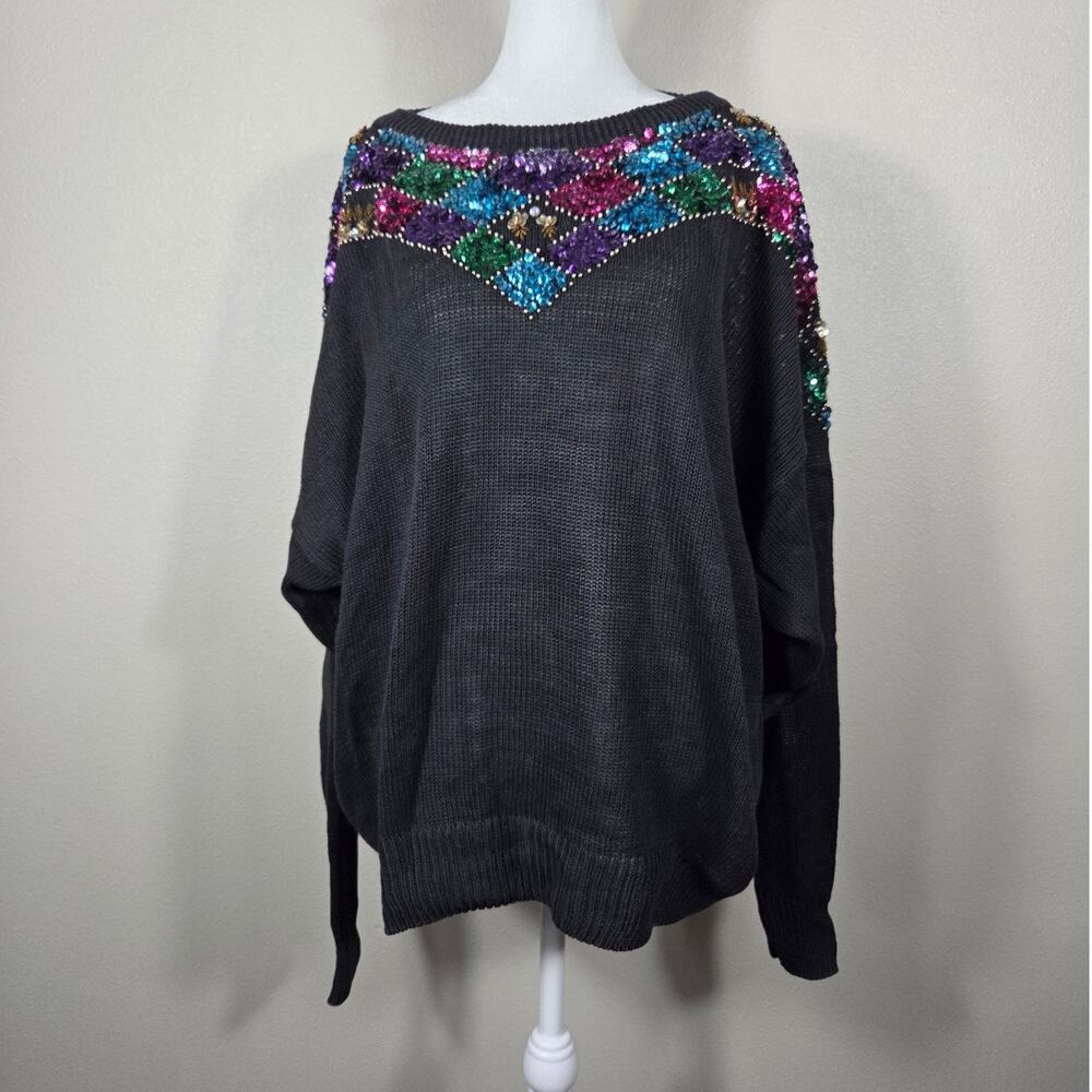PK Elliot Vintage Black Knit Sweater with Colorful Sequins & Beads Size 18W